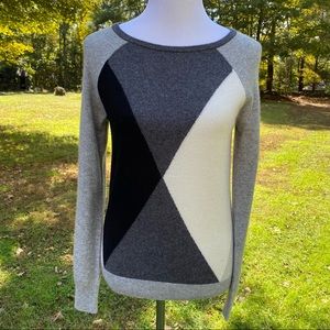 PREMISE SWEATER BOAT NECK CASHMERE GRAY WHITE BLACK COLOR BLOCK ARGYLE Size M